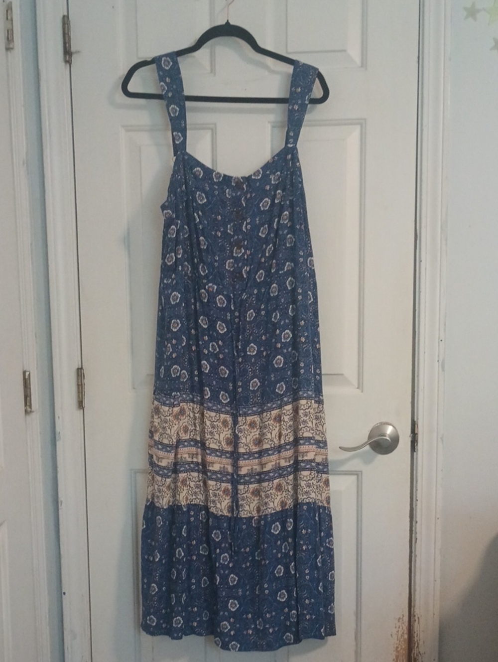 Lucky Brand Blue Floral Smocked Top with Cream and Peach Accents